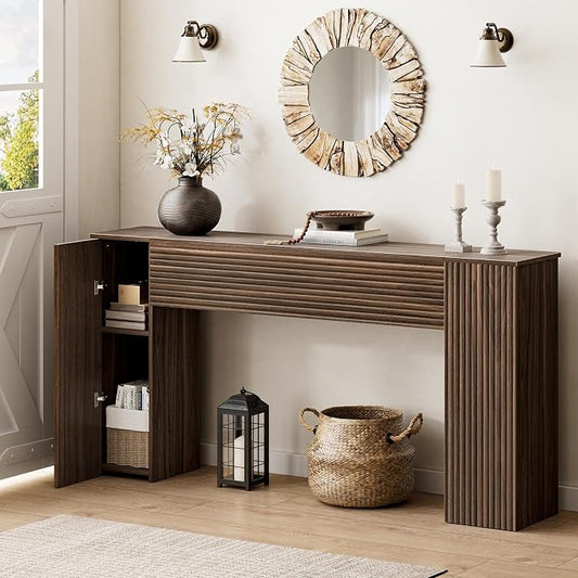 FABATO 61'' Fluted Long Console Table, Wooden Rectangular Sofa Table Behind The Couch, Narrow Entryway Table with 2 Hidden Storage Cabinets for Entrance, Hallway, Living Room, Foyer, Walnut