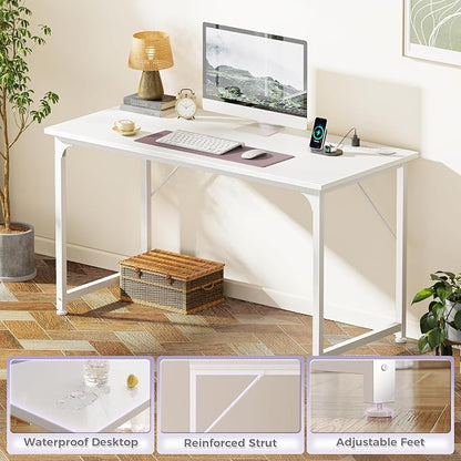 PRAISUN 47 X 20 Inch Office Computer Desk with Power Outlets and USB-C Port, Larger Gaming Desk, for Home Office, Study, Bedroom, Writing Work from Home Table, Metal Frame, White