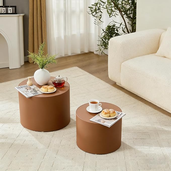 Round Coffee Table Set of 2, Modern Leather Circle Accent Tables, Minimalist Wooden Drum Side Table for Small Spaces Living Room Bedroom Balcony Office. Brown