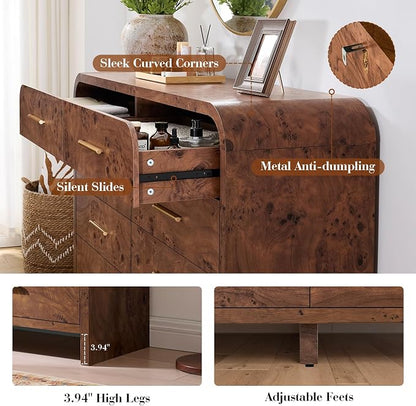 Curved 8 Drawer Dresser for Bedroom, 53.82'' Wide Chest of Drawers, Modern Storage Cabinet for Hallway & Living Room TV Stand, FSC Certified 1.18" Thick Board, 100 lbs Top Weight, Dark Burl