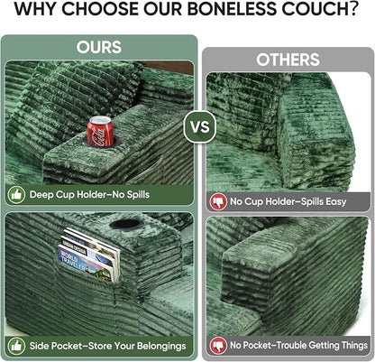 Boneless Couch, 127" Sofas for Living Room, U Shaped Couch with Chaise | Sectional Sofa, Cloud Couch Sectional with Cup Holders and Storage, Cloud Sofa with Deep Seat, Green, Corduroy, No Assembly