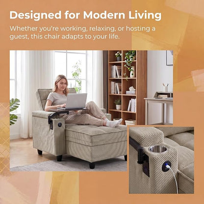 Convertible Sleeper Chair, Pull Out Sofa Bed with Adjustable Backrest & Hidden Storage Armrest, Single Sofa Recliner with USB Charging Port & Cup Holders for Living Room, Bedroom, Khaki