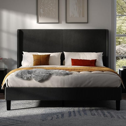 AMERLIFE King Bed Frame, Upholstered Platform Bed with Corduroy Headboard, Easy Assembly Modern Black Bed Frame with Wooden Slats Support, No Box Spring Needed