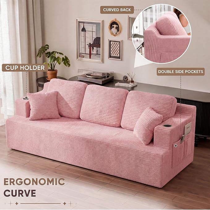 Homall 87” Boneless Sofa Couch with 2 Pillows Extra Deep Seats, Corduroy Fabric 3 Seater with Cup Holder & Storage Pocket Upholstered Floor Easy Installation (Pink, 3 Seater)