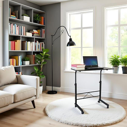 TV Tray Bed Side Table, Portable Rolling Desk Hospital Bed Laptop Table, Small Standing Desk with Wheels Adjustable Height for Sofa, Bedside, Tablet Use, Secure Non Tilt, 31.5" W, Black