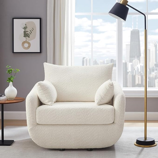 360° Swivel Accent Armchair, 39.3" Oversized, Sherpa Boucle Fabric Sofa Chair with Removable Back & Arm Pillows, Swivel Chair with Cozy Soft Padded (1, Cream White)