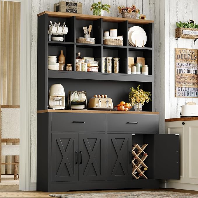 TEENFON Storage Cabinet with Doors and Drawers, Pantry Cabinets, 5 Tier Floor Standing Bookshelves, Bookshelf and Bookcase, 8 Open Storage Shelves and Printer Stand for Study, Living Room, Office