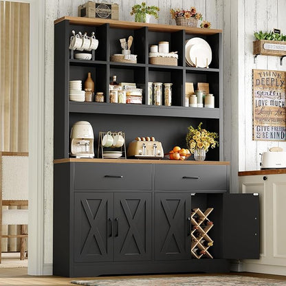 TEENFON Storage Cabinet with Doors and Drawers, Pantry Cabinets, 5 Tier Floor Standing Bookshelves, Bookshelf and Bookcase, 8 Open Storage Shelves and Printer Stand for Study, Living Room, Office