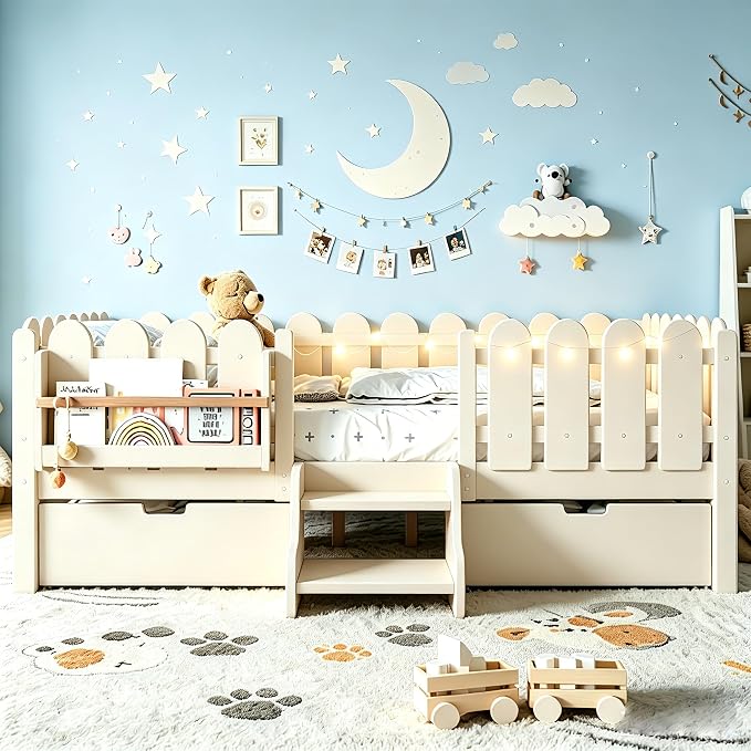 Bellemave Full Size Platform Bed with Storage Drawers & Bookshelf for Boys Girls, Kids Full Bed Frame with LED Lights & Stairs for Children's Room, Beige