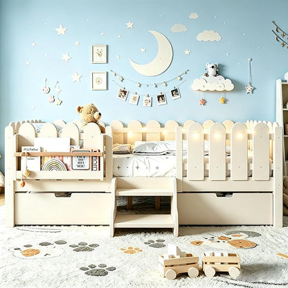 Bellemave Full Size Platform Bed with Storage Drawers & Bookshelf for Boys Girls, Kids Full Bed Frame with LED Lights & Stairs for Children's Room, Beige