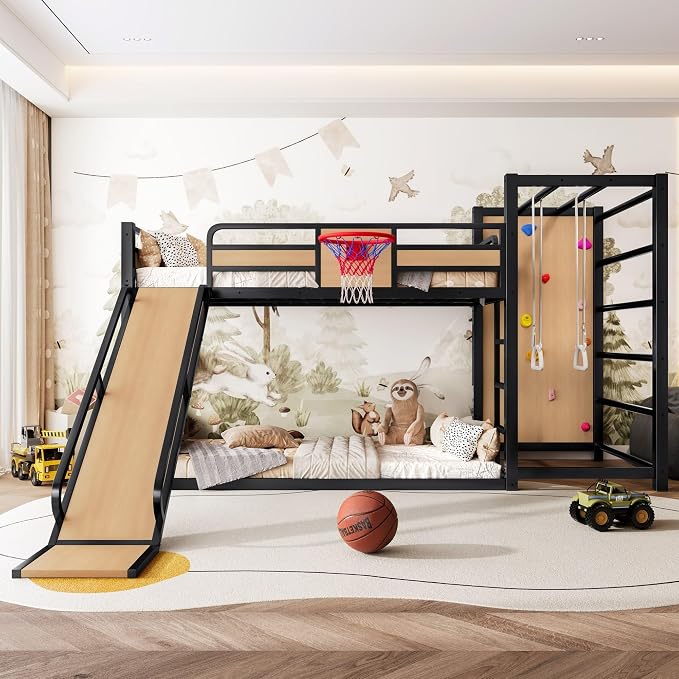 Harper & Bright Designs Twin Over Twin Metal Bunk Bed with Slide & Climbing Wall & Basketball Hoop Bookshelves for Love Sports, Yellow+Black