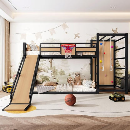 Harper & Bright Designs Twin Over Twin Metal Bunk Bed with Slide & Climbing Wall & Basketball Hoop Bookshelves for Love Sports, Yellow+Black