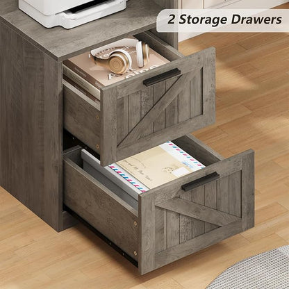 YOMILUVE 63" Farmhouse L Shaped Executive Desk with Drawers & Storage Shelf, Corner Computer Desk with Power Outlets, L Shaped Office Desk with Monitor Stand, Printer Shelf, Gray