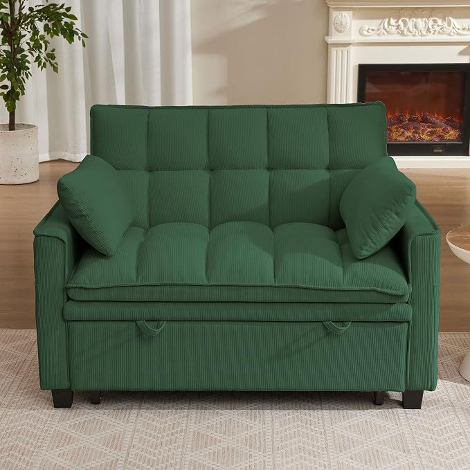 3 in 1 Convertible Sleeper Sofa Bed, 48" Pull Out Couches, Modern Loveseat Sleeper Sofa with Adjustable Reclining Backrest & Side Pockets for Living Room, Green