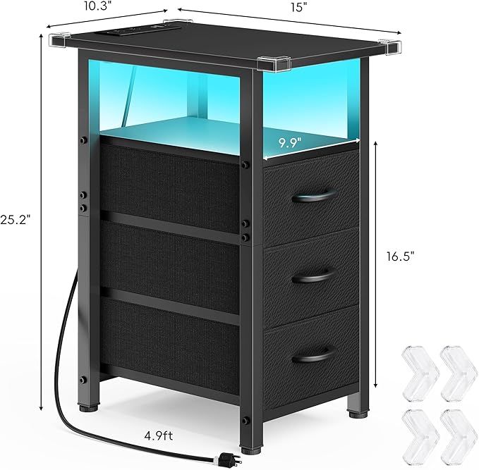 Vagusicc Black Nightstand with Charging Station and LED Lights, Narrow End Table, LED Nightstand with 3 Fabric Drawers for Bedroom, Small Night Stand, Narrow Side Table for Small Spaces, Black