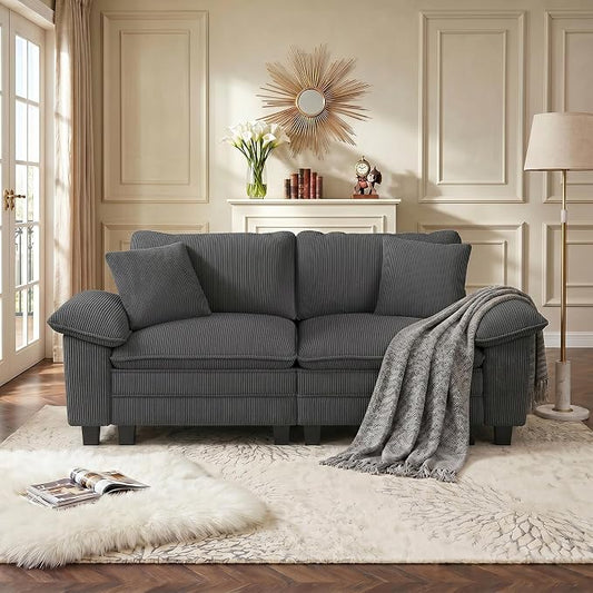 PHI VILLA Cloud Modular Couches Sets, 87.5" Sectional Loveseat Sofa with Upholstered Deep Seat, 2-Seater Comfy Couches for Living Room Bedroom, Corduroy Fabric, Grey