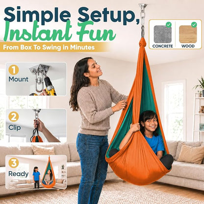 Sensory Swing for Kids Indoor Outdoor - Calming Cocoon Therapy Swing, Holds 300lbs - Hug-Like Sensory Hammock with 360° Swivel Hardware for Autism, ADHD, SPD Support