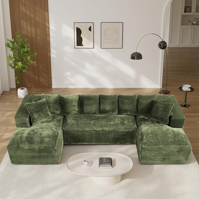 131" Oversized U Shaped Cloud Sectional Couches for Living Room, Comfy Fluffy Corduroy Green Boneless Sectionals Couch, Plush Memory Foam Modular Sectional Sofa with Chaise- 19" Seat Height