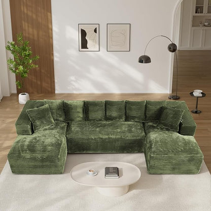 131" Oversized U Shaped Cloud Sectional Couches for Living Room, Comfy Fluffy Corduroy Green Boneless Sectionals Couch, Plush Memory Foam Modular Sectional Sofa with Chaise- 19" Seat Height
