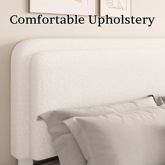 King Size Boucle Upholstered Bed Frame with Adjustable Headboard, Cloud Platform Bed, Solid Wooden Legs, No Box Spring Needed, Easy Assembly, White