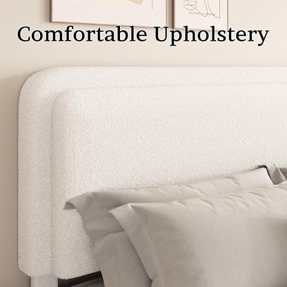 Full Size Boucle Platform Bed Frame with Adjustable Headboard, Upholstered Cloud Bed, Solid Wooden Legs, No Box Spring Needed, Easy Assembly, White