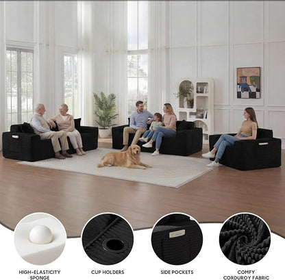 Boneless Sectional Sofa 3 Piece Set with Cup Holders & Side Pockets, Modern Corduroy Fabric Deep Seat Cloud Couch Living Room, Office, No Assembly (Black)