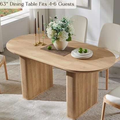 T4TREAM 63" Fluted Oval Dining Table for 4-6, Mid-Century Modern Kitchen Table with Thickened Edge & Strip Pedestal Base, Wood Luxury Table for Dining Room/Kitchen/Home Office,Natural Oak(Table Only)
