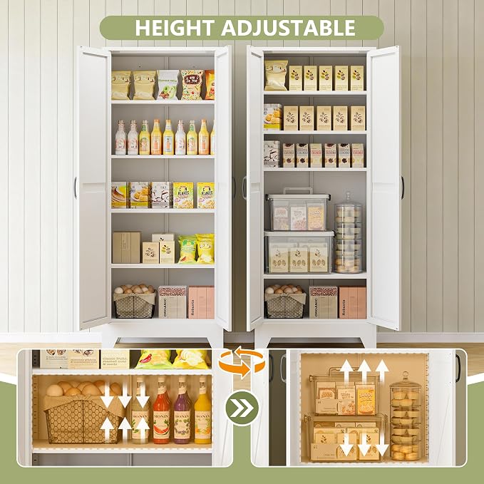 RAVIGIN Farmhouse Storage Cabinet,72" H Metal Pantry Cabinet with Barn Doors and Adjustable Shelves,72" H 6-Tier Rustic Pantry Organizers for Kitchen,Dining Room,White