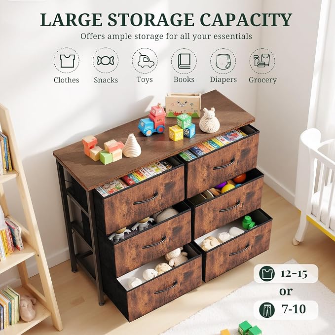 6-Drawer Dresser for Bedroom, Anti-Tip Wide Storage Organizer Chest of Drawers with Wooden Top and Metal Frame Fabric Bins for Closet, Living Room, Hallway, Entryway, Brown