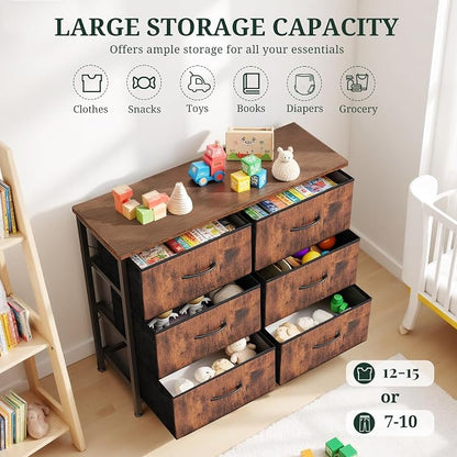 6-Drawer Dresser for Bedroom, Anti-Tip Wide Storage Organizer Chest of Drawers with Wooden Top and Metal Frame Fabric Bins for Closet, Living Room, Hallway, Entryway, Brown