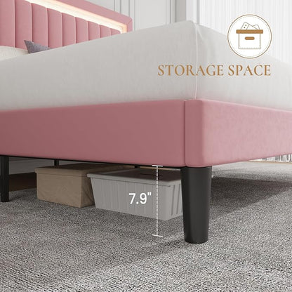 SHA CERLIN King Size Velvet Bed Frame with LED Light, Adjustable Vertical Channel Tufted Headboard, Strong Wooden Slats Support, Noise-Free, No Box Spring Needed, Pink