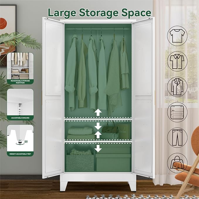 Metal Wardrobe Closet with Doors and Shelves, 71" Farmhouse Bedroom Armoire with Hanger Rod and Clothing Shelf, White Closet Cabinet for Hanging Clothes for Laundry Room Garage Dormitory