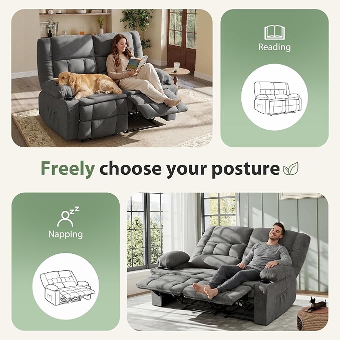 Loveseat Recliner Sofa with Massage and Heat, Wall Hugger Reclining Loveseat with USB Port, Cup Holders & Pockets, 2-Seat Recliner for Living Room, RV, Home Theater, Reclining Couch, Grey