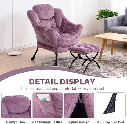 Lazy Chair with Ottoman, Modern Accent Chair Contemporary Lounge Leisure Sofa Chair with Armrests, Reading Chair and Folding Footstool Set for Living Room, Bedroom, Office