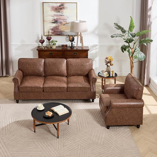 Kingfun Mid-Century Modern Couch, Faux Leather Sofa Set, 3 Seater Couch for Living Room with Rolled arms & Nailhead Trim, Dark Brown