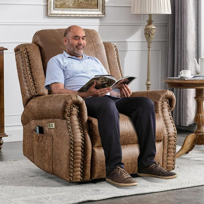HAOMARKETS Classic Power Recliner Chair Set of 2 with Massage and Heat, Breathable Faux Leather Electric Recliner with USB Port, Overstuffed Reclining Sofa with Rivets for Living Room, Brown