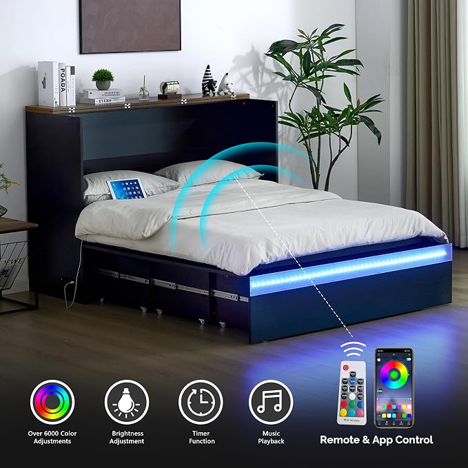 VINGLI Queen Size Murphy Bed with Storage Drawer,Smart LED Lighting,Built-in 2 Charging Stations, Space-Saving Cabinet Bedfor Kids,Adults & Guests,Classic Black