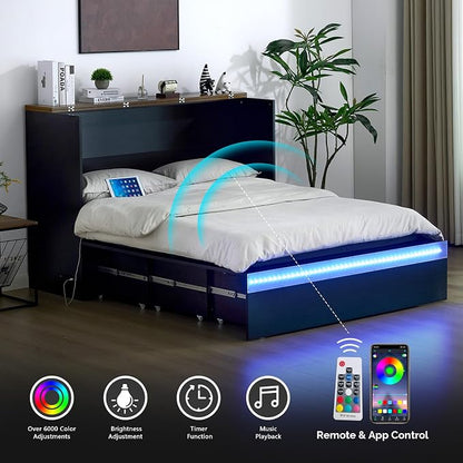 VINGLI Queen Size Murphy Bed with Storage Drawer,Smart LED Lighting,Built-in 2 Charging Stations, Space-Saving Cabinet Bedfor Kids,Adults & Guests,Classic Black