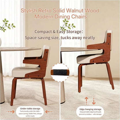Dining Chairs Set of 2 with Hanging Armrest Beige | Set of 2 with hanging armrests for table-edge storage. Walnut frame and warm beige faux leather seating