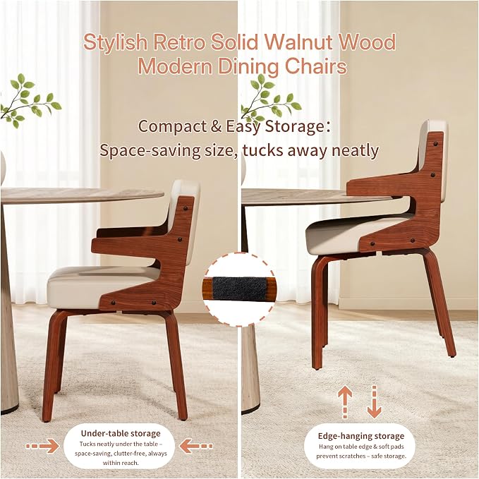 Dining Chairs Set of 4 with Hanging Armrest Beige | Set of 4 with hanging armrests for compact storage. Walnut frame with warm beige faux leather upholstery