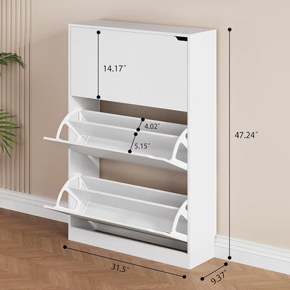 Shoe Storage Cabinet, Wood Shoe Organizer for Entryway with 3 Flip Drawers, Freestanding Shoe Rack with Adjustable Shelf, Narrow Shoe Dresser for Front Door Entrance (White, 3 Drawers)