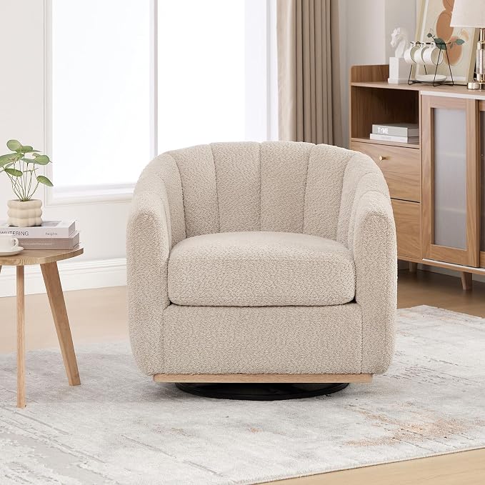 Swivel Barrel Chair, 360 Degree Round Swivel Accent Chair for Living Room, Mid Century Modern Upholstered Accent Chair,Comfy Tufted Sofa Armchairs for Bedroom,Nursery,Boucle,Wheat