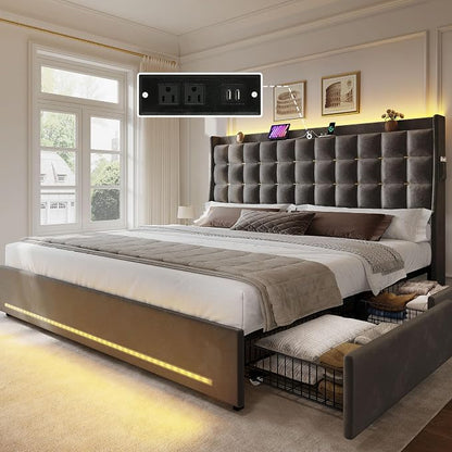 DWVO King Size Bed Frame with 4 Drawers and RGB LED Lights, Velvet Upholstered Platform Bed with Charging Station and Storage Headboard, No Box Spring Needed, Easy Assembly, Noise-Free, Grey