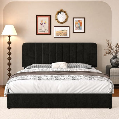 VECELO Full Size Upholstered Bed Frame with 4 Drawers and Headboard, Velvet Platform Storage Bedframe, Wooden Slats Support, No Box Spring Needed,Black