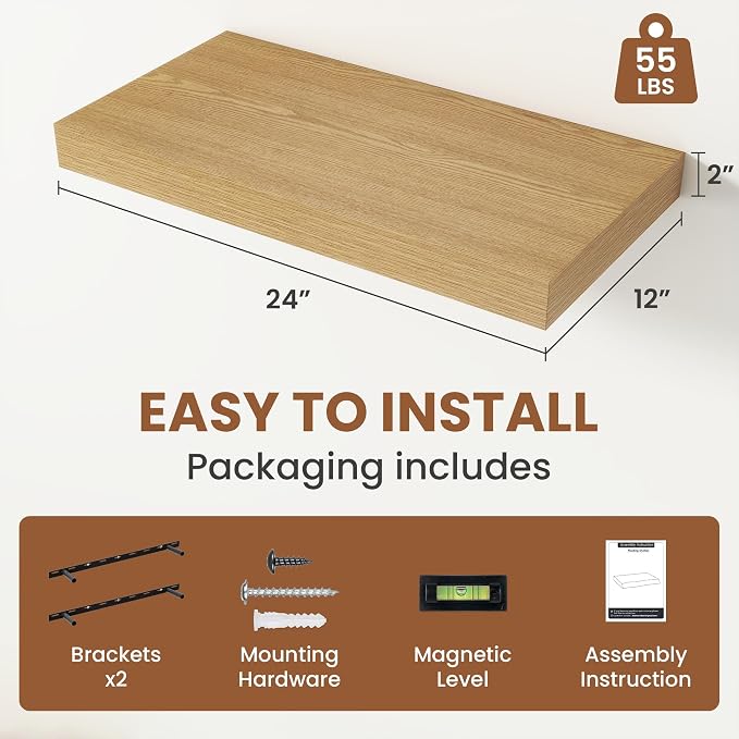Vivelove 12 Inch Deep Floating Shelves 24 inch Long, 24 x 12 Wide Display Shelves with Invisible Brackets, Shelf for Bedroom Bathroom Living Room Office Home, Modern Shelf Set of 2, Oak
