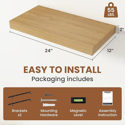 Vivelove 12 Inch Deep Floating Shelves 24 inch Long, 24 x 12 Wide Display Shelves with Invisible Brackets, Shelf for Bedroom Bathroom Living Room Office Home, Modern Shelf Set of 2, Oak