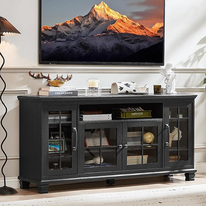SAVOR LIFE Large Black Sideboard Buffet Cabinet with Storage,Vintage Farmhouse 60" Wide Buffet Cabinet with Glass Doors & Wood Legs,Coffee Bar Cabinet for Dining Room, Living Room