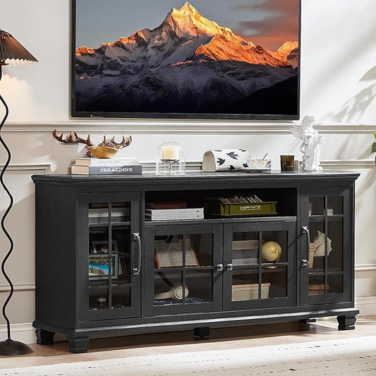 SAVOR LIFE Large Black Sideboard Buffet Cabinet with Storage,Vintage Farmhouse 60" Wide Buffet Cabinet with Glass Doors & Wood Legs,Coffee Bar Cabinet for Dining Room, Living Room