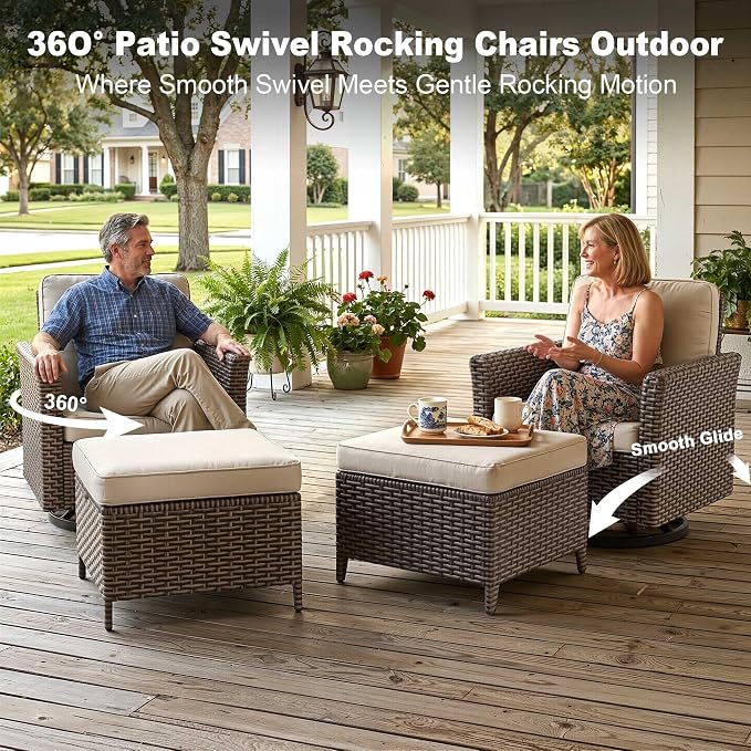 4 Pieces Patio Furniture Set, 2 High Back Swivel Chairs & 2 Ottomans, All-Weather PE Wicker Furniture with Waterproof Cushions for Deck, Garden, Porch