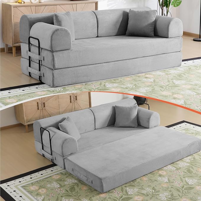 78.8" Boneless Memory Foam Couch, Corduroy Convertible Floor Sofa Bed, Fold-Out Sleeper Futon Loveseat, Wide Armrests & Supportive Back, 1200 lb, Couch in a Box, 2 Pillows, Light Grey